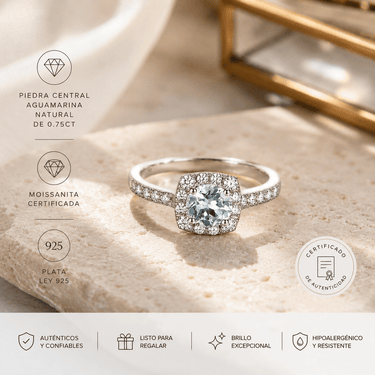 Anillo Moissanita Aguamarina Halo - Atesorame